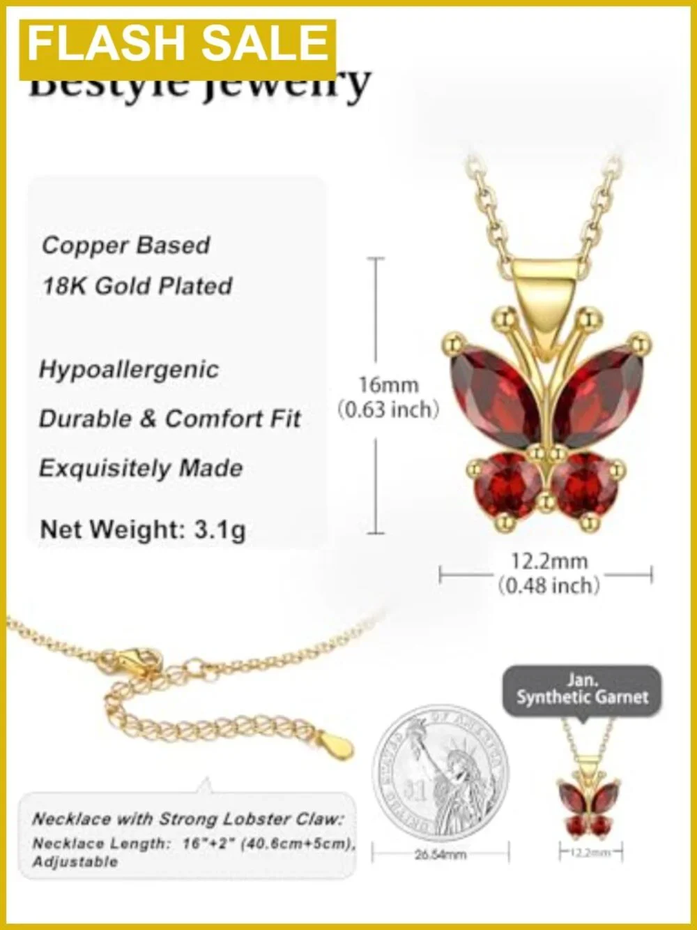 Butterfly Birthstone Necklace 18K Gold Plated Crystal Pendant 16in